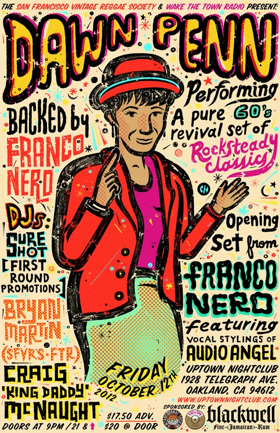 Hand-lettered poster of Dawn Penn in a red jacket and hat, backed by Franco Nero, a sixties rocksteady revival set