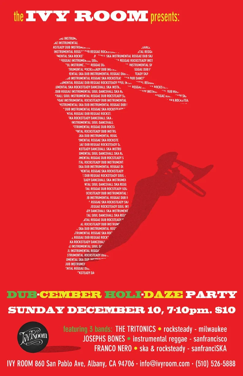 Red poster with a trombonist silhouette made of text, Dub-cember Holi-Daze Party with Franco Nero