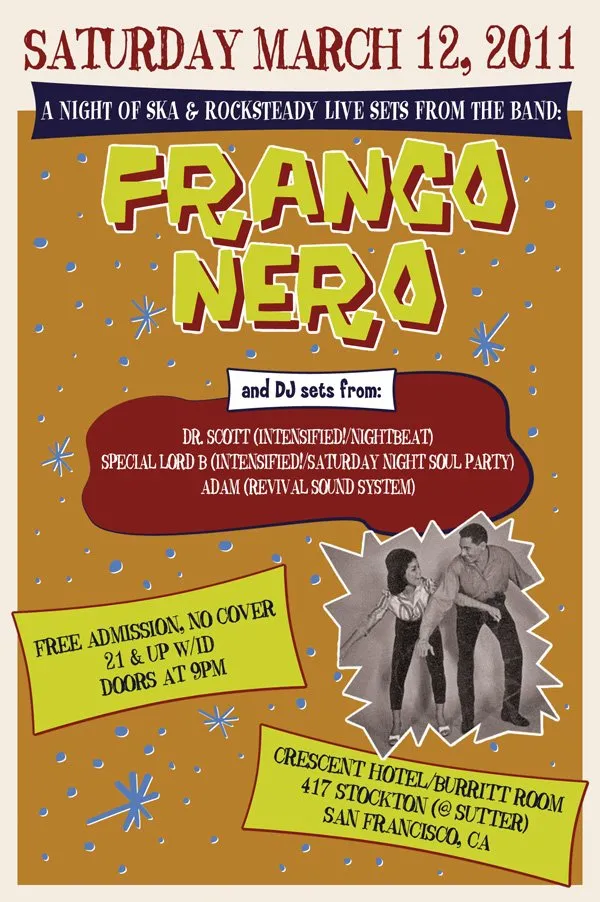 Brown and yellow retro poster for a night of ska and rocksteady live sets from Franco Nero, with a dancing couple