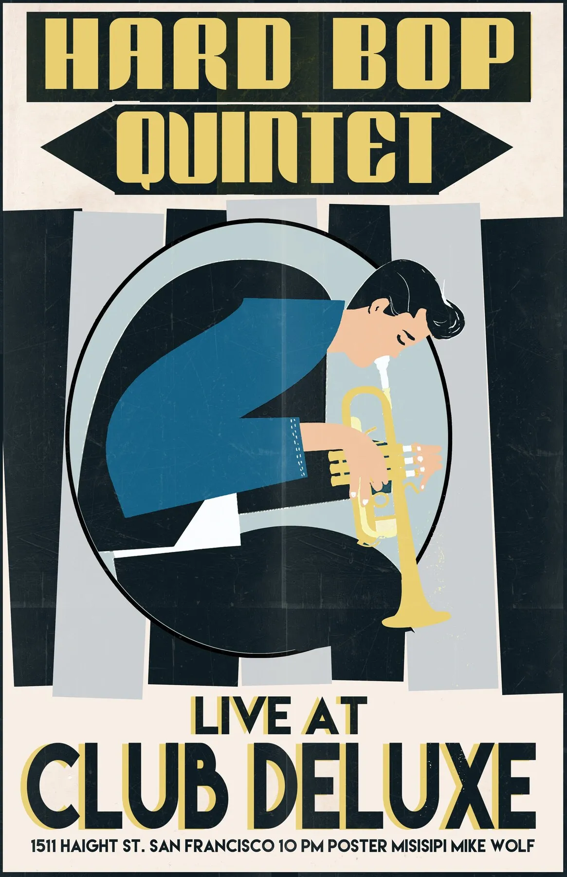 Hard Bop Quintet poster, Live at Club Deluxe, a trumpeter drawn in blue and gold against a cream background