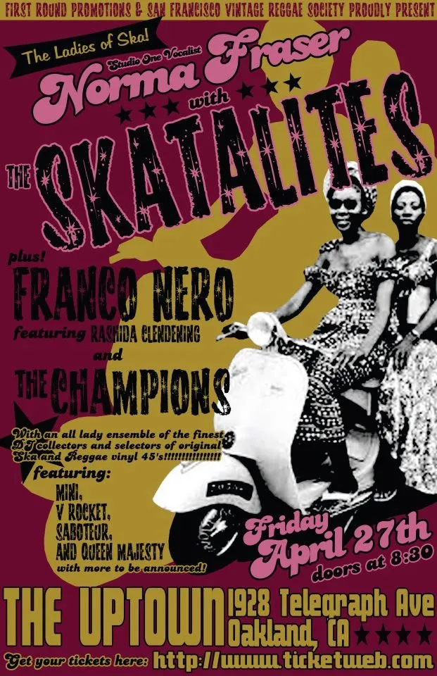 Poster in olive and pink: Norma Fraser with the Skatalites, plus Franco Nero, with three singers and a scooter