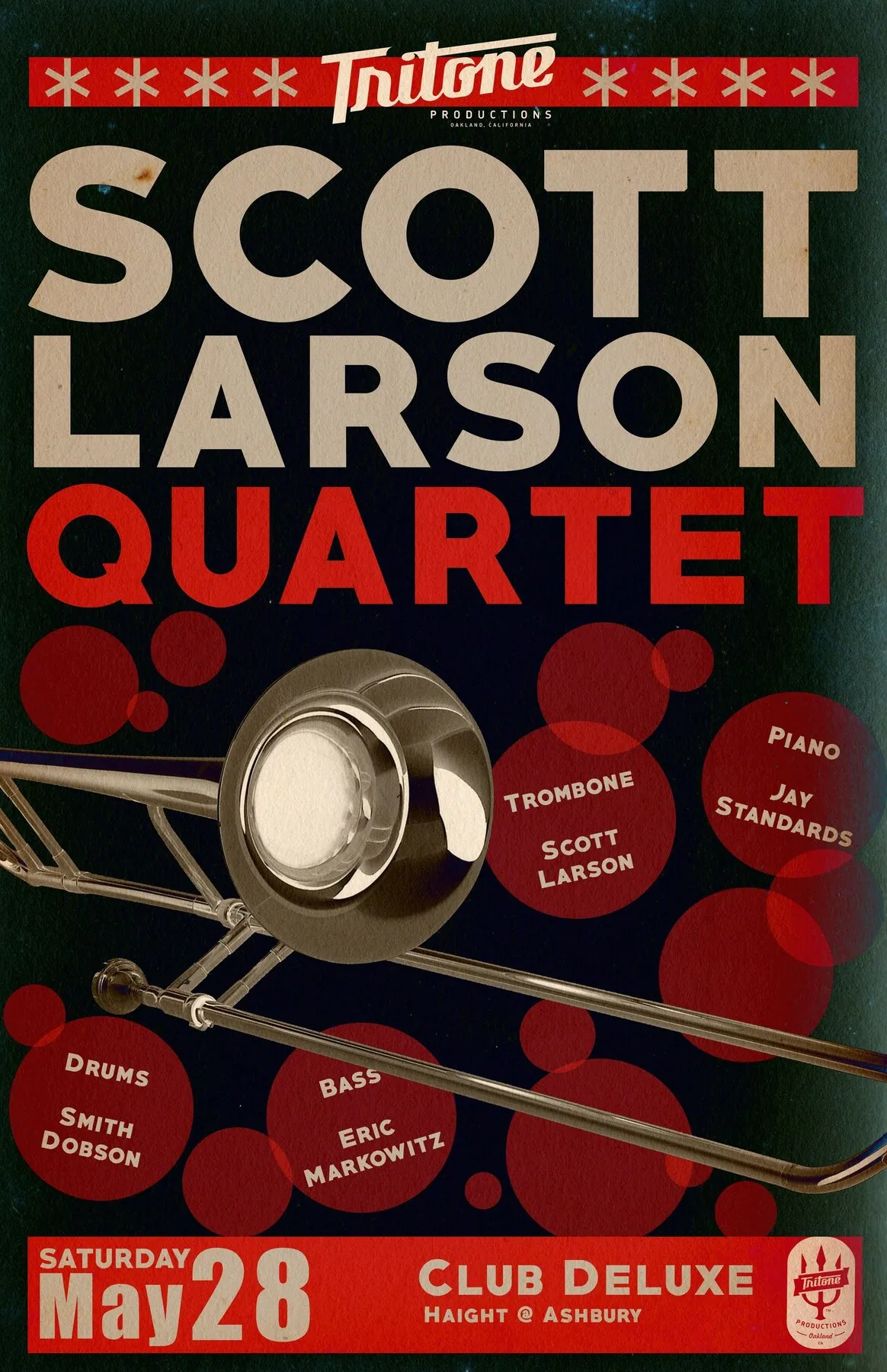 Scott Larson Quartet poster for Club Deluxe, a trombone across red circles on a dark green background