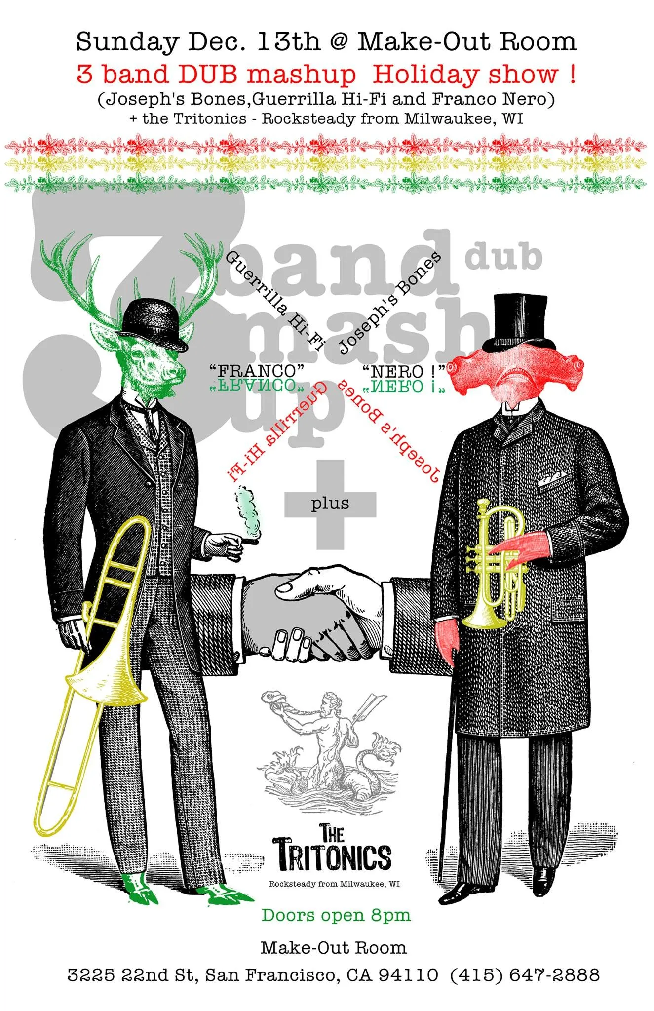 Engraving-style poster of two gentlemen with animal heads shaking hands, holding a trombone and a trumpet, for a dub holiday show with Franco Nero